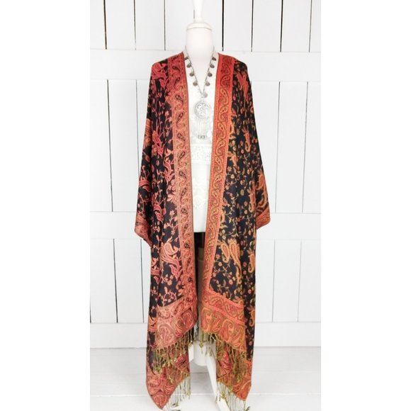 Maxi black orange paisley floral silk pashmina kimono cover up jacket one size - Picture 4 of 4